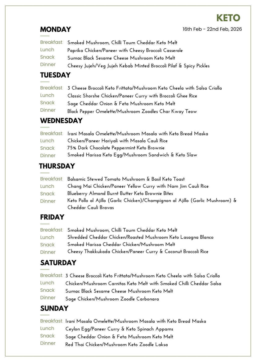 Menu for All Keto Plan