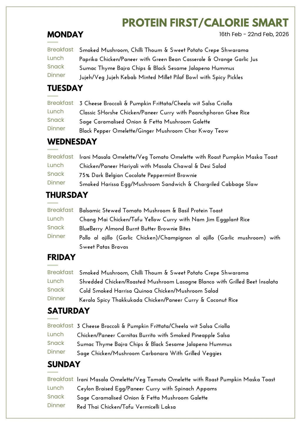 Menu for Calorie Smart Plan